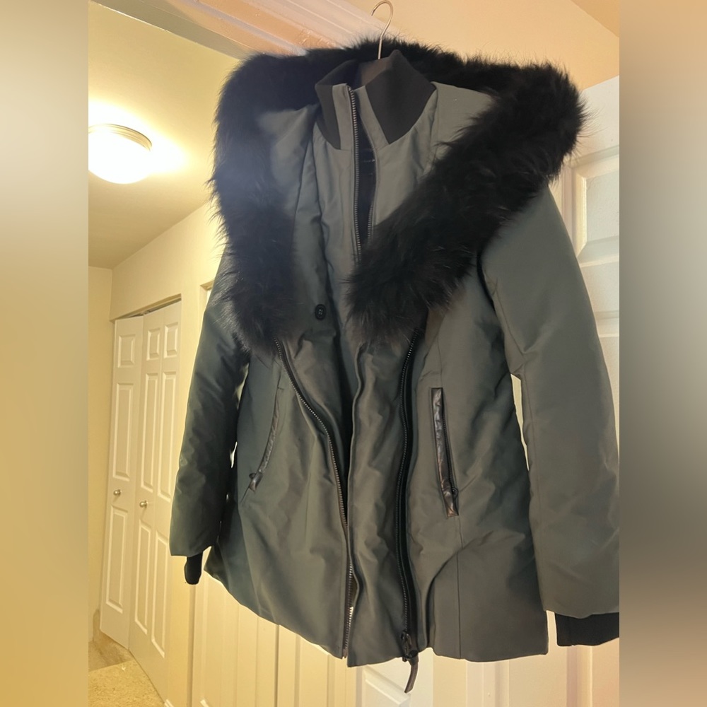 Sage Mackage Down mid-length coat with black fur hood